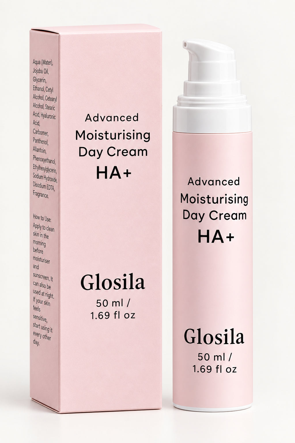 Glosila Advanced Moisturising Day Cream HA+ 50ml pump bottle on grey background
