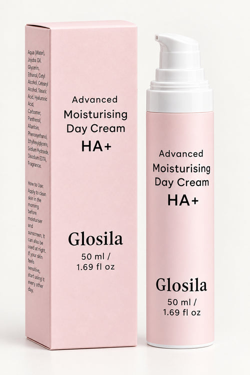Glosila Advanced Moisturising Day Cream HA+ 50ml pump bottle on grey background