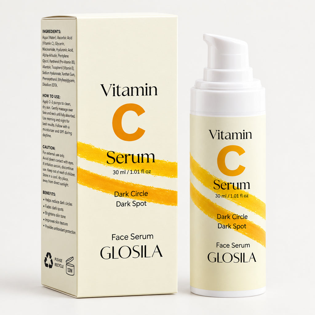 Glosila Vitamin C Serum face serum shown with its retail box and pump bottle on a clean white background.