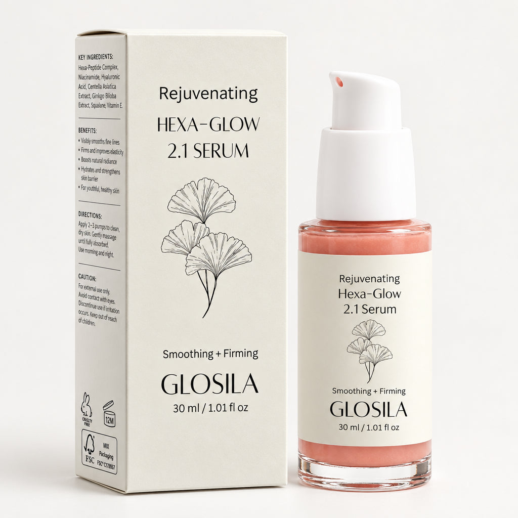 Glossa Rejuvenating Hexa Glon Ztsrum serum in a peach-colored pump bottle next to its cream-colored packaging box, set against a clean light gray background.